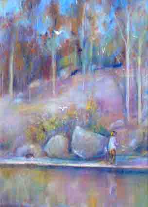 Click to Enlarge: Jamie Boyd, 39-12 Riverbank with Figure, Bird and Dog, Pastel