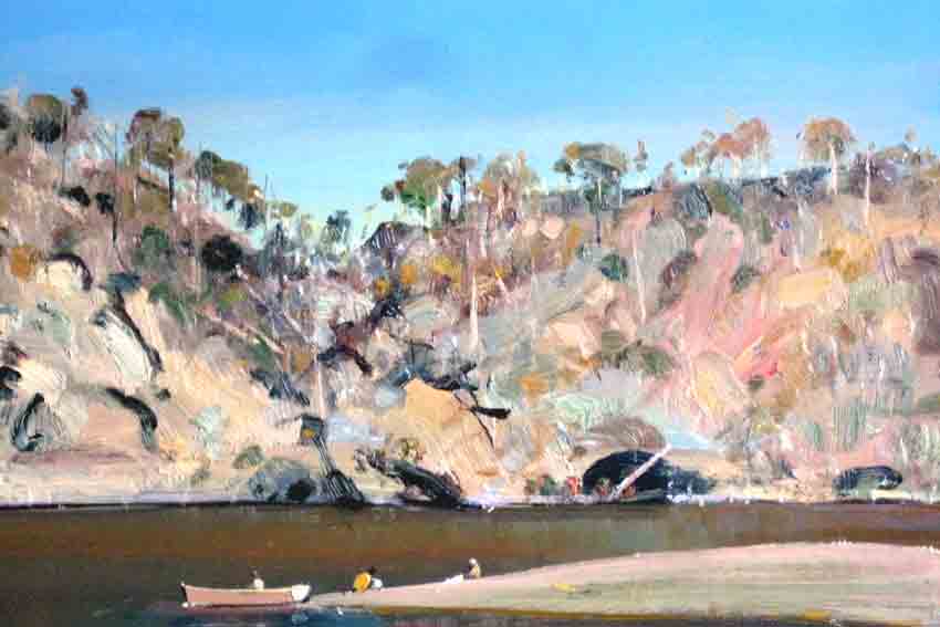 Jamie Boyd, 19-10 Figures, boat river bank, 43 x 61 cm, Oil on copper