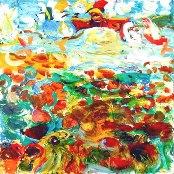 John Perceval (1923-2000) Guardian Angel guiding the Boat in Deep Sea, Oil on Canvas, 91 x 92 cm