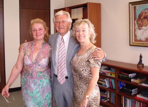 PHOTO: (centre) Hon. Bob Hawke Prime Minister of Australia, (right) Blanche D'Alpuget, (left) Aniela Kos